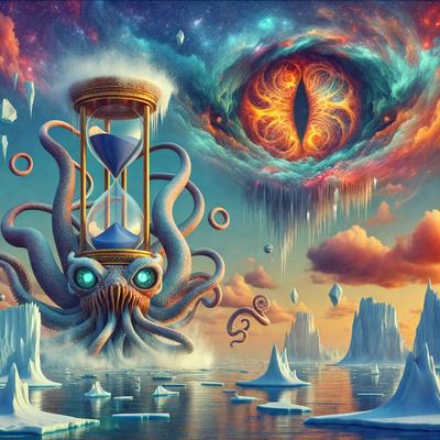 The primary subject of the image is a large, intricately designed octopus with a clock on its back. The octopus is surrounded by a variety of ice sculptures, creating a unique and visually striking scene. The setting appears to be a surreal, fantastical underwater world, with the octopus and ice sculptures as the main focus. The visual style of the image is digital art, with a vibrant color palette and a sense of whimsy and creativity. The overall atmosphere of the image is one of wonder and imagination, inviting the viewer to explore the fantastical world depicted.